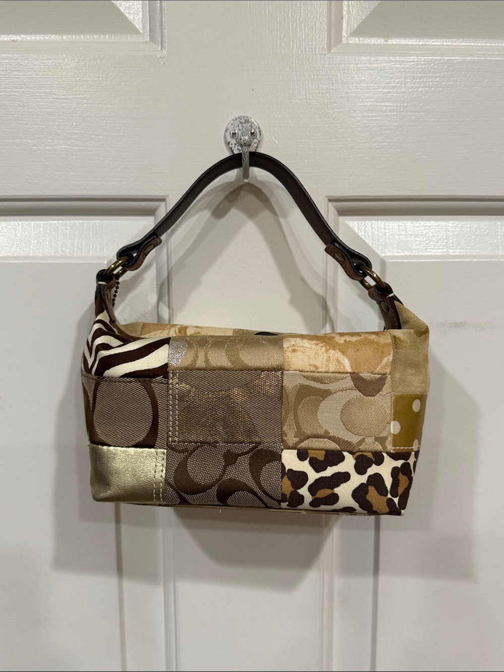 COACH 1990s Y2K Coach Holiday Patchwork Mini Demi Hobo Bag Multi Brown Leather